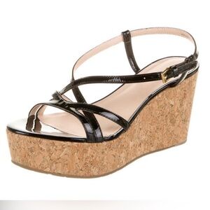 Kate Spade 7 Talanese Black Patent Cork Wedge Sandals Platform Heels